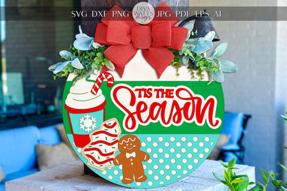 Laser Cut Door Hanger SVG | ’Tis the Season Christmas Round Sign | Holiday Cookies & Cocoa Template | DIY SVG for Glowforge xTool