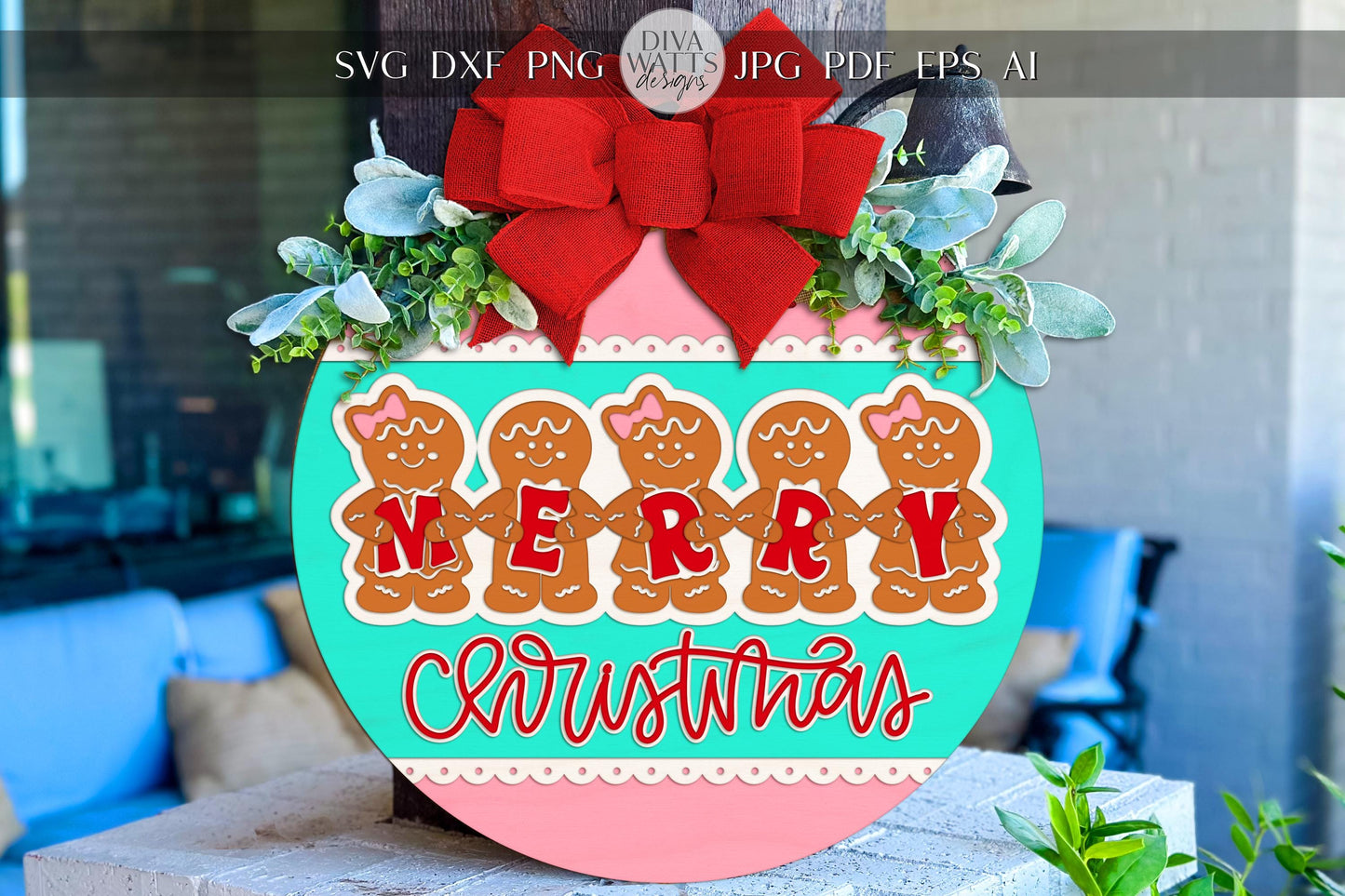 Laser Cut Door Hanger SVG | Merry Christmas Gingerbread Sign | Round Layered Template | Digital SVG for Glowforge xTool