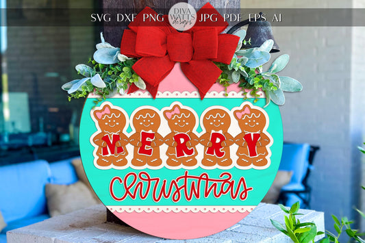 Laser Cut Door Hanger SVG | Merry Christmas Gingerbread Sign | Round Layered Template | Digital SVG for Glowforge xTool