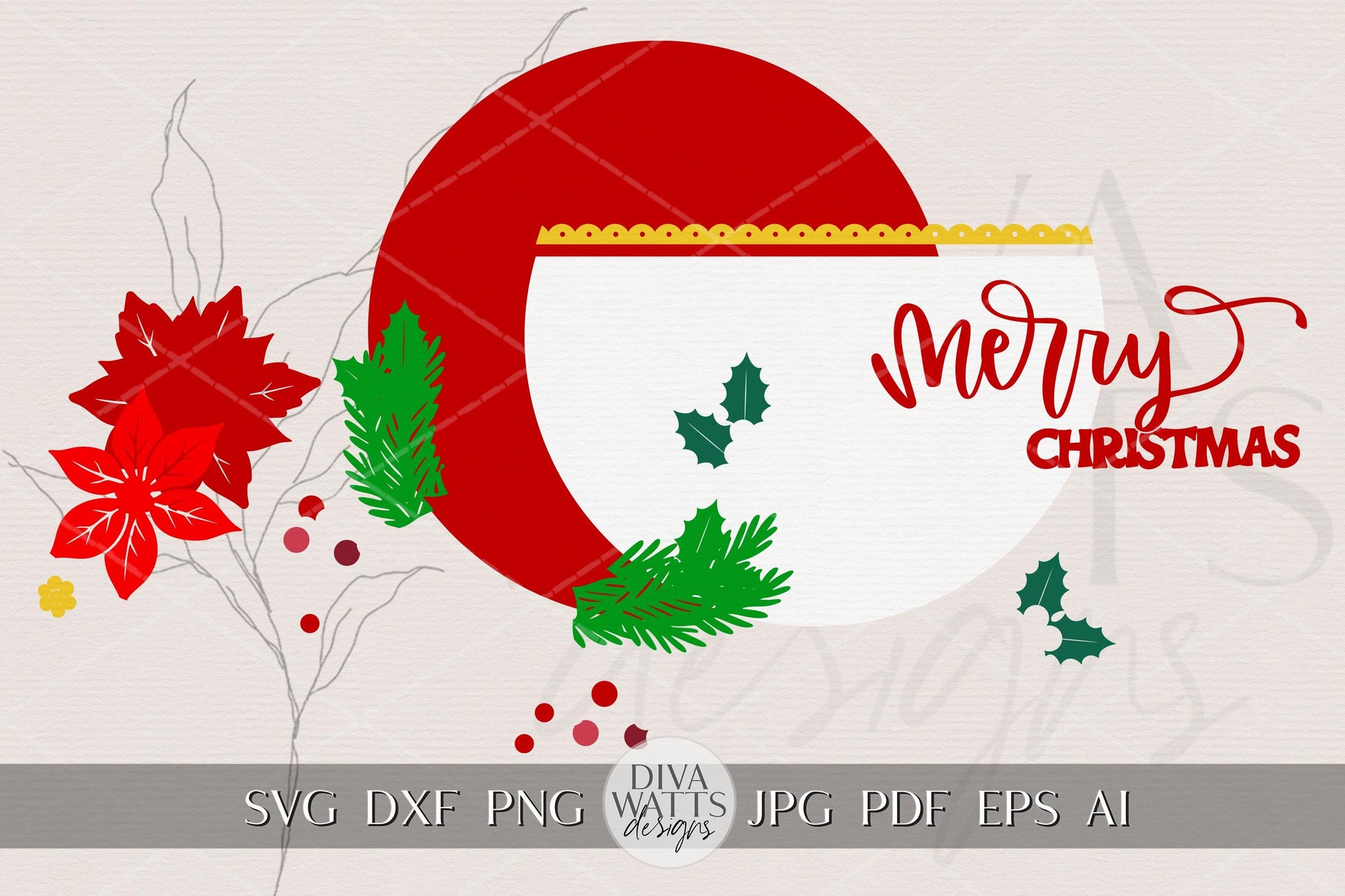 Laser Cut Door Hanger SVG | Merry Christmas Round Sign Template | Holiday Poinsettia SVG File | Glowforge xTool Porch Décor
