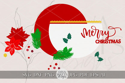Laser Cut Door Hanger SVG | Merry Christmas Round Sign Template | Holiday Poinsettia SVG File | Glowforge xTool Porch Décor