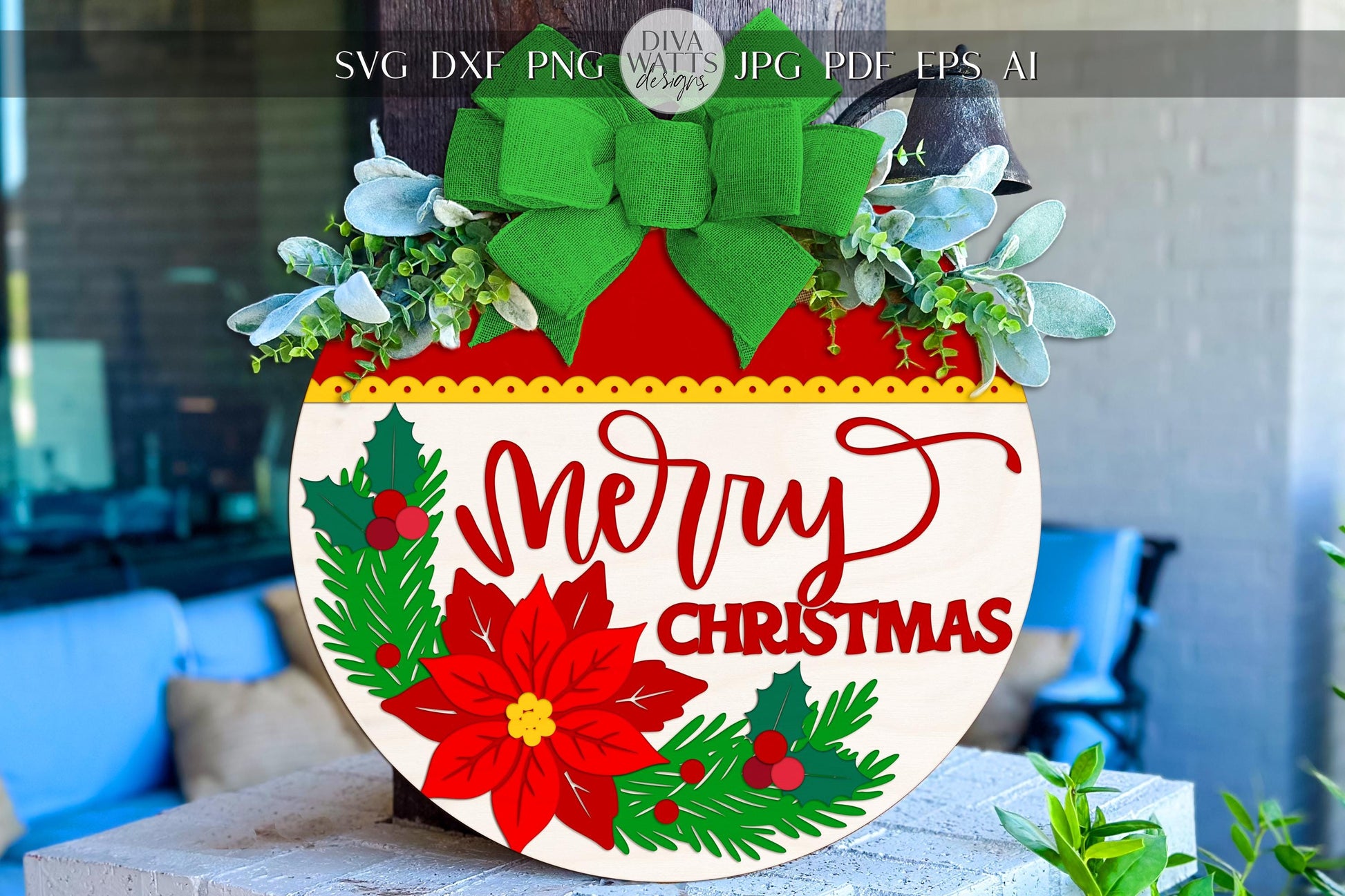 Laser Cut Door Hanger SVG | Merry Christmas Round Sign Template | Holiday Poinsettia SVG File | Glowforge xTool Porch Décor