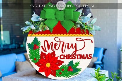 Laser Cut Door Hanger SVG | Merry Christmas Round Sign Template | Holiday Poinsettia SVG File | Glowforge xTool Porch Décor