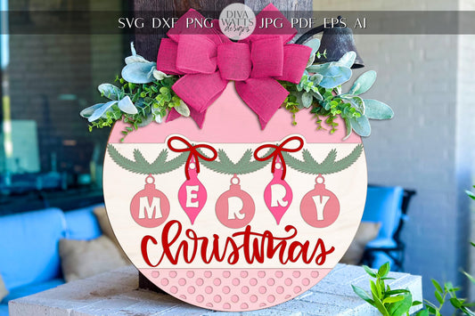 Laser Cut Door Hanger SVG | Merry Christmas Ornament Round Sign | Layered Rustic Template | Holiday Porch Décor SVG for Glowforge xTool
