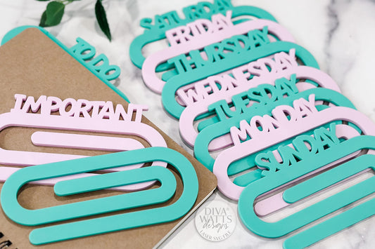 Paperclip Bookmark SVG Set – Days of the Week, To Do & Important Labels, Planner Dividers, Laser Cut Files for 1/8" Acrylic, Glowforge xTool