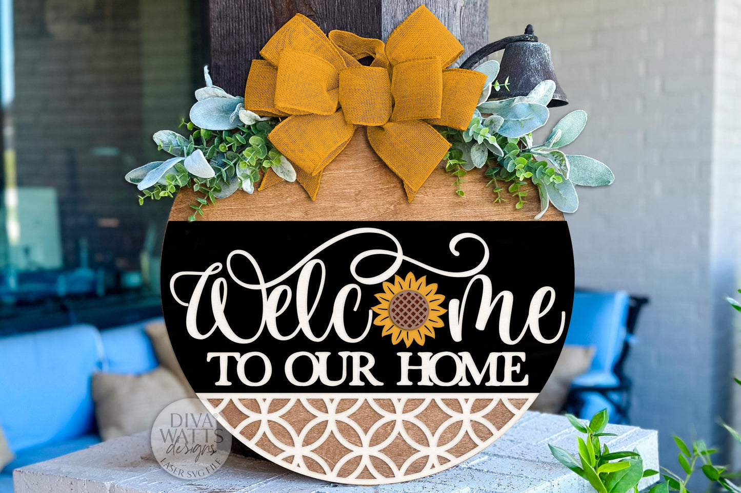 Welcome to Our Home Geometric Round Door Hanger SVG with Sunflower Layered Laser Cut File for Glowforge xTool Cricut Porch Sign