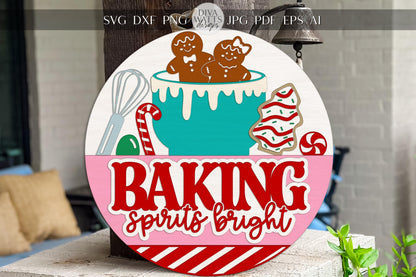 Laser Cut Door Hanger SVG | Baking Spirits Bright Sign | Christmas Round Template | Holiday Kitchen SVG for Glowforge xTool