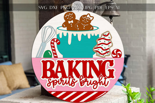 Laser Cut Door Hanger SVG | Baking Spirits Bright Sign | Christmas Round Template | Holiday Kitchen SVG for Glowforge xTool