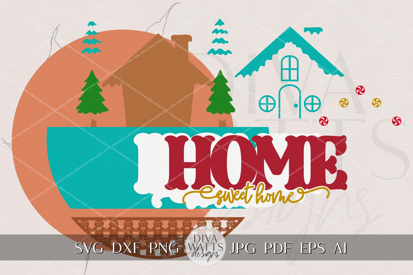 Laser Cut Door Hanger SVG | Home Sweet Home Gingerbread Sign | Christmas Round Template | Digital SVG for Glowforge xTool