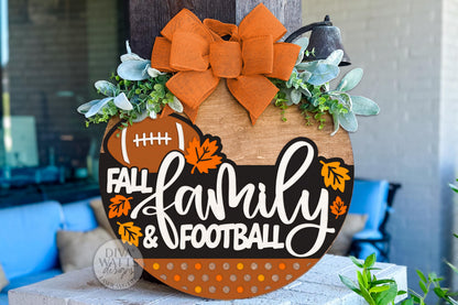 Fall Family & Football Round Door Hanger SVG | Autumn Porch Sign Laser Cut File | Layered Football Season Home Décor DIY Sign