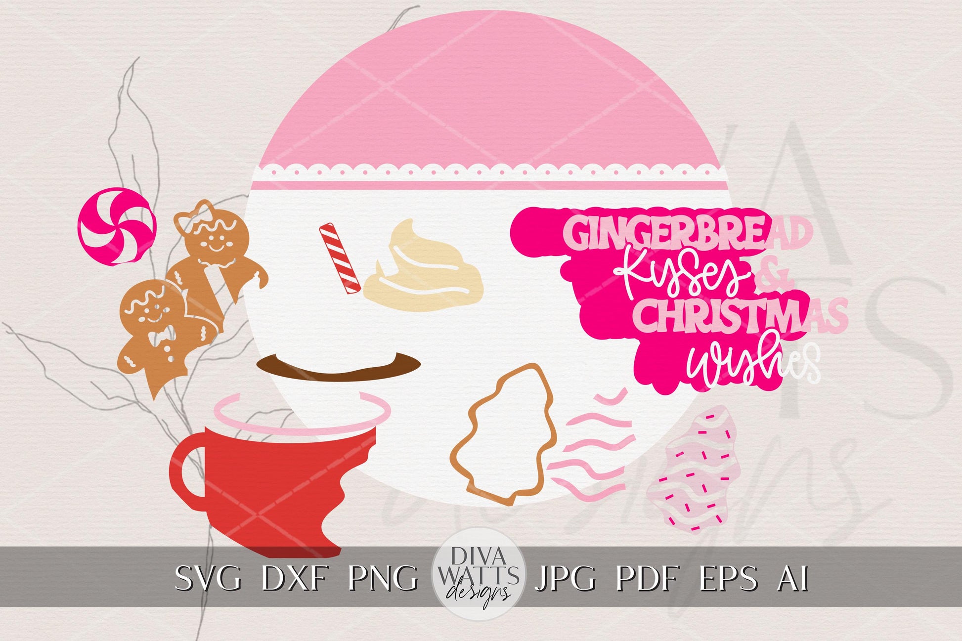 Gingerbread Kisses Christmas Round Door Hanger SVG | Holiday Porch Sign | Gingerbread Hot Cocoa Laser Cut File for Glowforge xTool