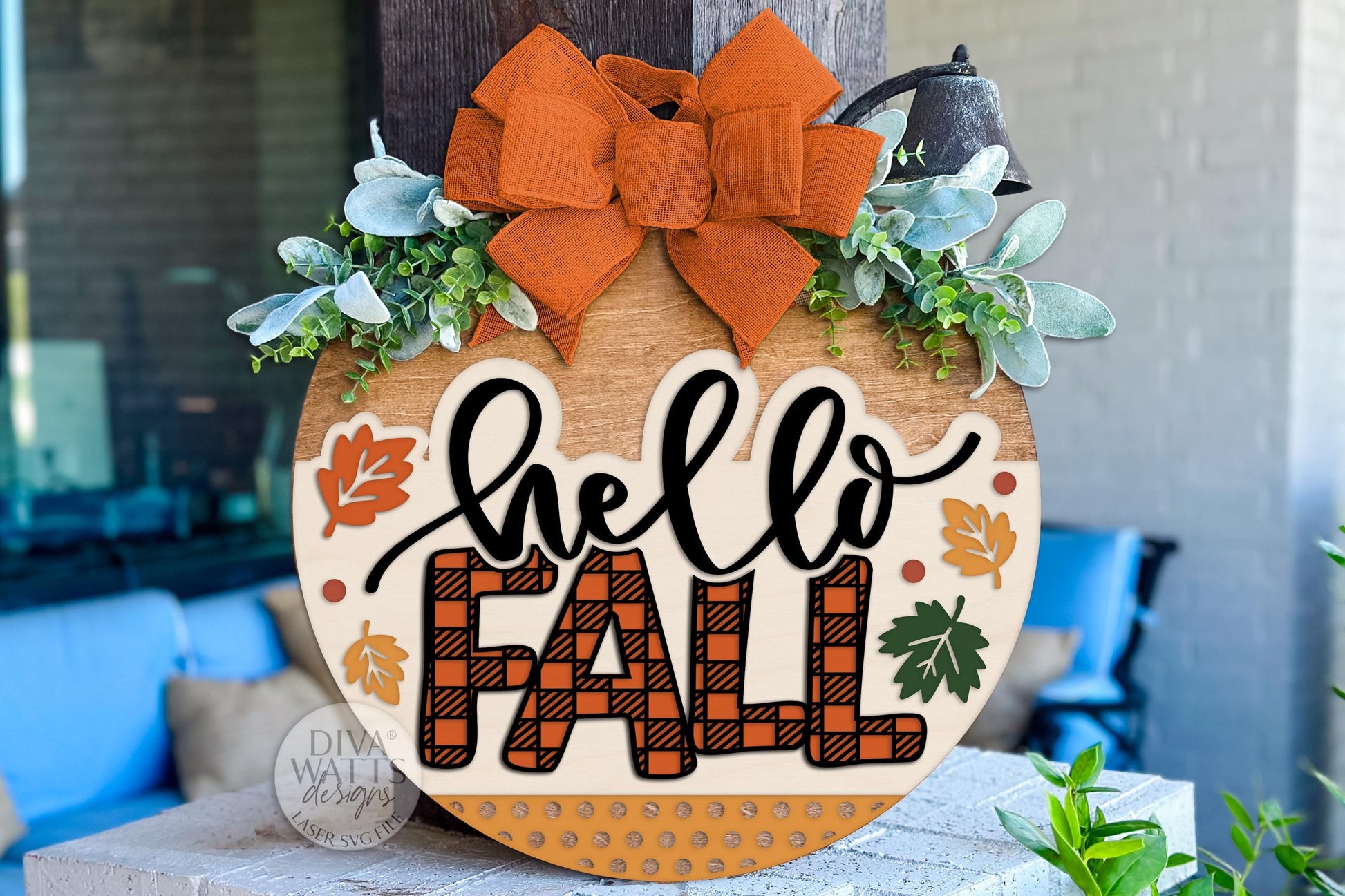 Hello Fall Round Door Hanger SVG | Buffalo Plaid Autumn Sign Laser Cut File | DIY Porch Decor for Glowforge xTool OMTech Craft Projects