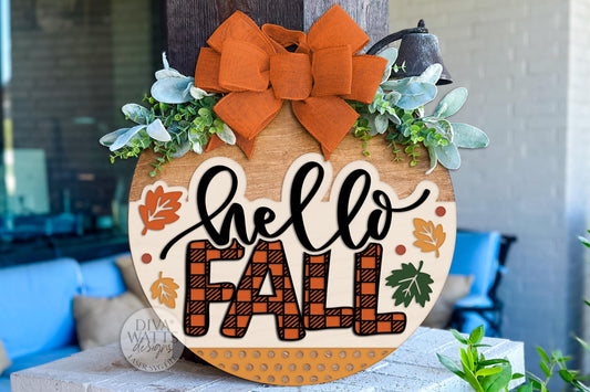 Hello Fall Round Door Hanger SVG | Buffalo Plaid Autumn Sign Laser Cut File | DIY Porch Decor for Glowforge xTool OMTech Craft Projects