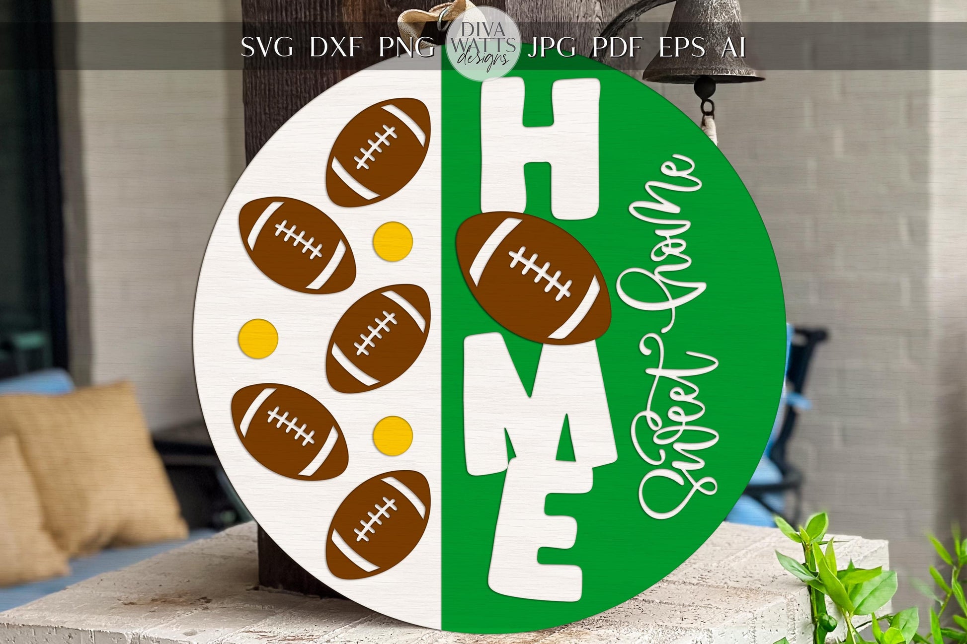 Football Home Sweet Home Round Door Hanger SVG, Game Day Porch Sign, Sports Laser Cut File for Glowforge xTool Cricut Silhouette