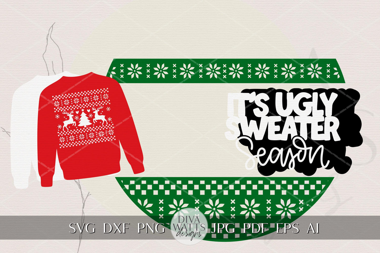 Ugly Sweater Season Round Door Hanger SVG Christmas Sign Digital Cut File for Glowforge xTool OMTech Holiday Porch Door Decoration