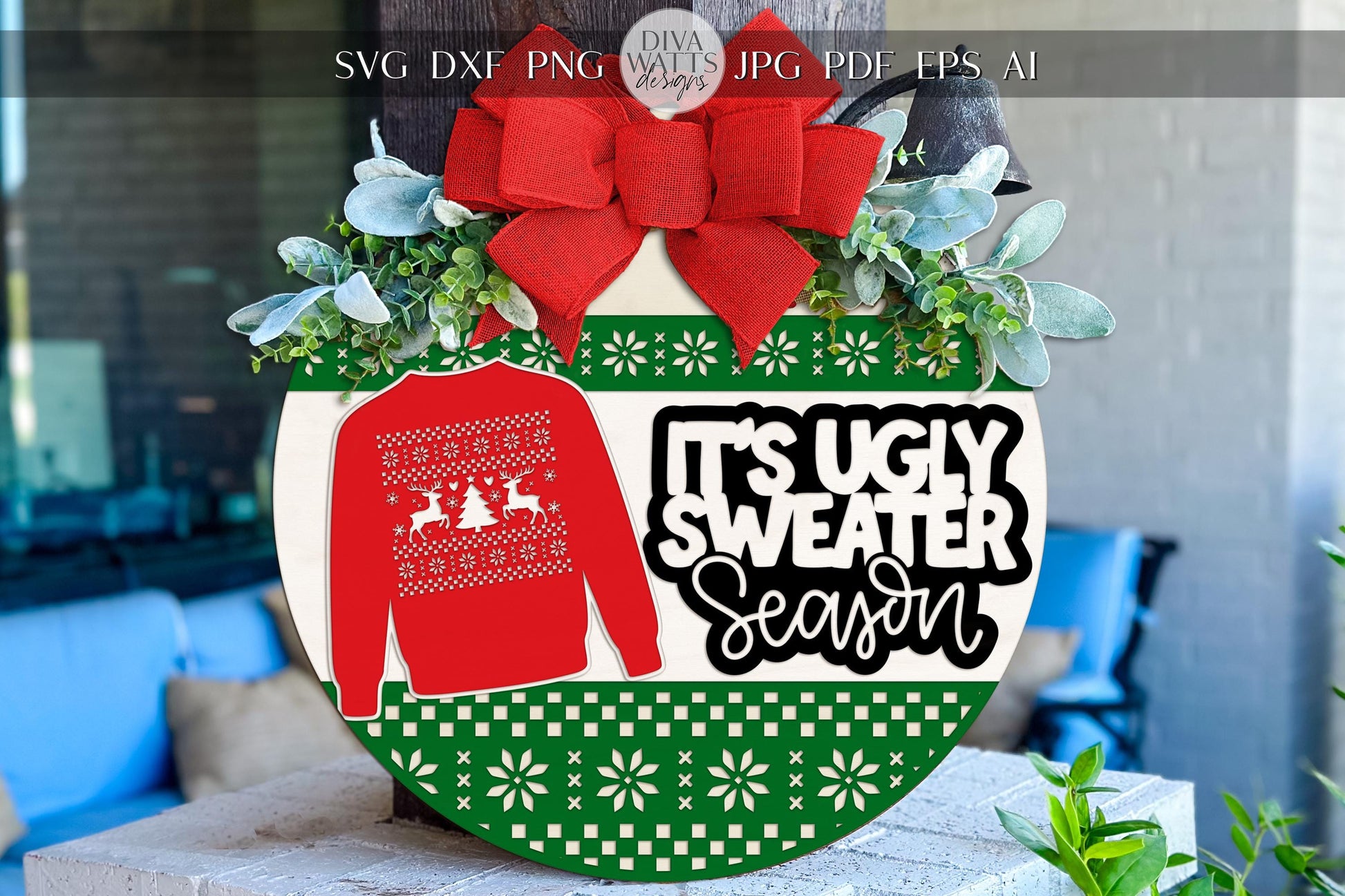 Ugly Sweater Season Round Door Hanger SVG Christmas Sign Digital Cut File for Glowforge xTool OMTech Holiday Porch Door Decoration