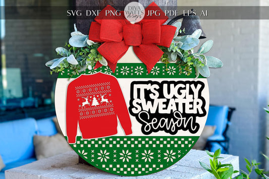 Ugly Sweater Season Round Door Hanger SVG Christmas Sign Digital Cut File for Glowforge xTool OMTech Holiday Porch Door Decoration