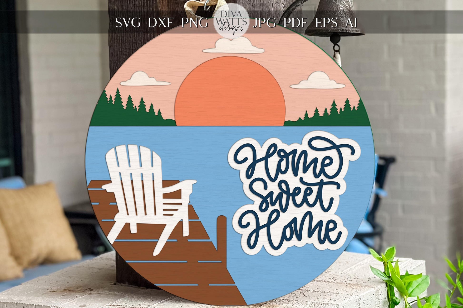 Home Sweet Home Lake Sunset Round Door Hanger SVG | Adirondack Chair Dock Scene Sign | Layered Laser Cut File for Glowforge xTool CNC