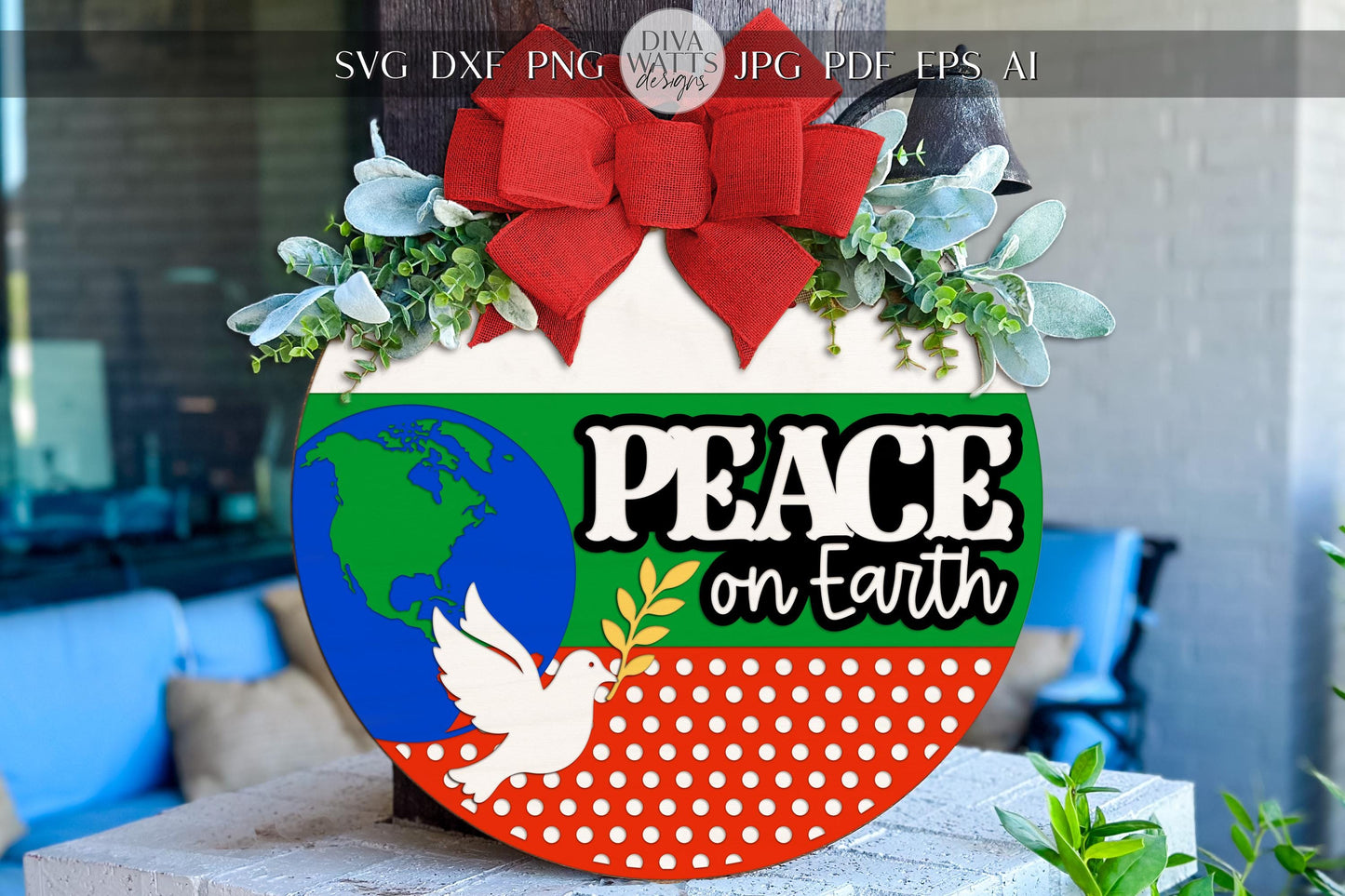 Peace on Earth Round Door Hanger SVG | Christmas Dove and Globe Ornament Laser Cut File for Glowforge xTool Cricut