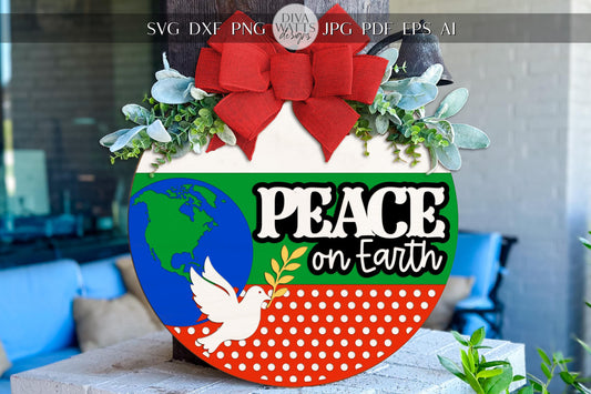 Peace on Earth Round Door Hanger SVG | Christmas Dove and Globe Ornament Laser Cut File for Glowforge xTool Cricut