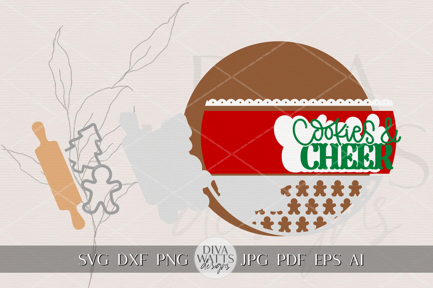 Christmas Cookies Round Door Hanger SVG | Cookies & Cheer Sign | Gingerbread Rolling Pin Holiday Round | Laser Cut File Glowforge xTool