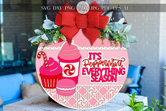 Peppermint Everything Season SVG Round Door Hanger, Christmas Laser Cut Sign File for Glowforge xTool, Holiday Cupcake Peppermint Decor
