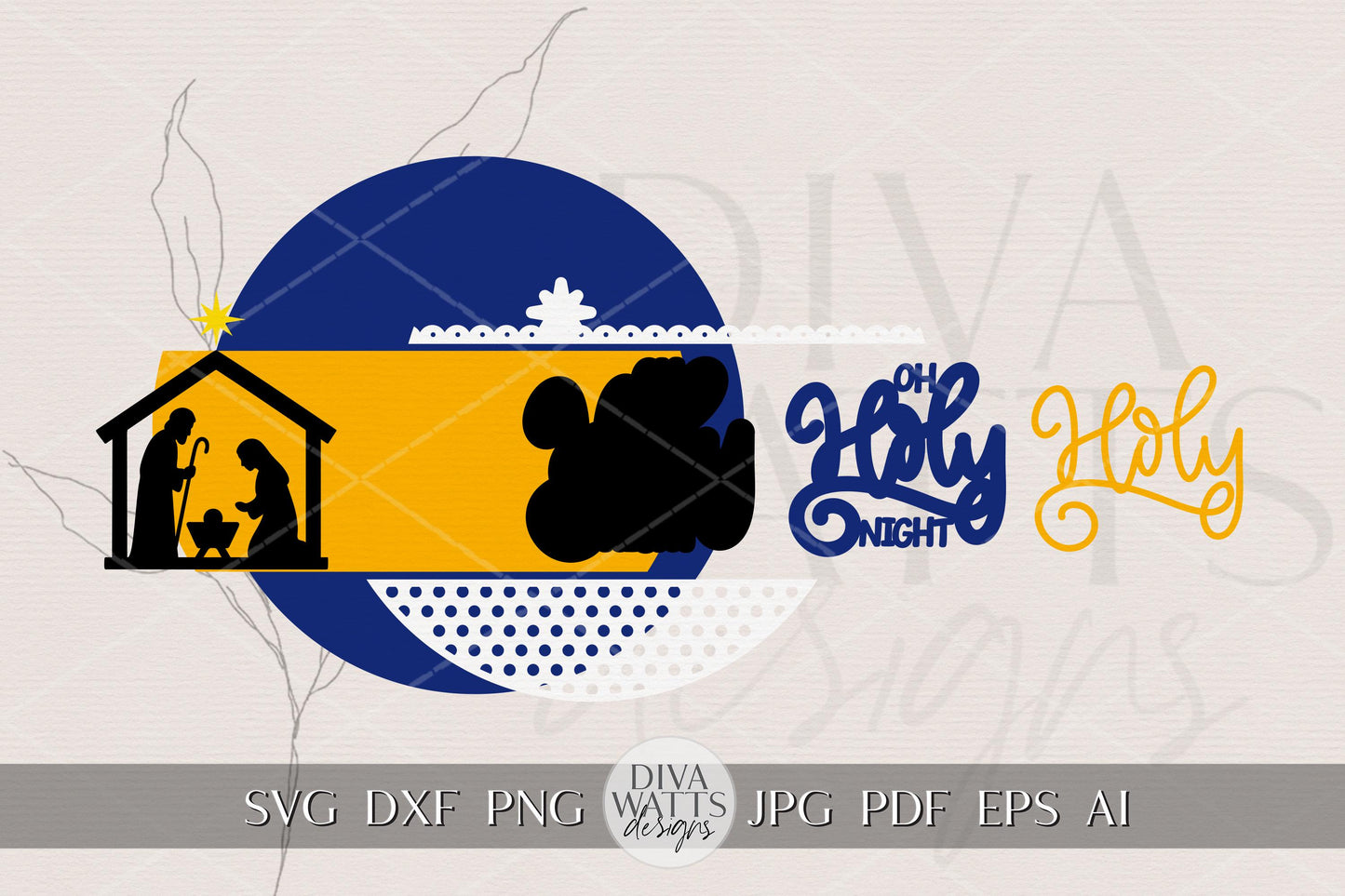 Oh Holy Night Nativity SVG Round Door Hanger File, Christmas Laser Cut Sign, Manger Scene Religious Holiday Decor for Glowforge xTool