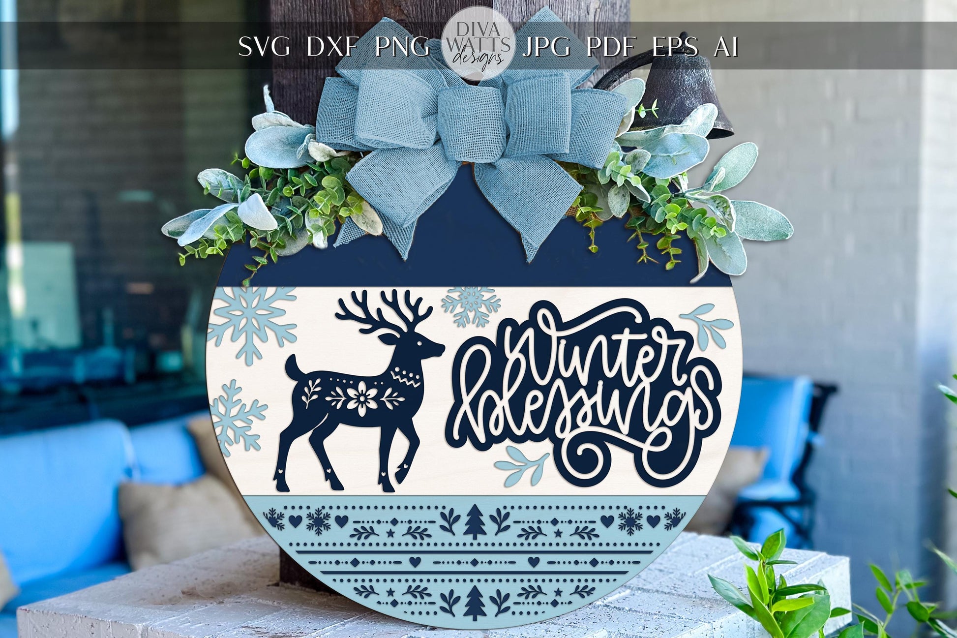 Winter Blessings Round Door Hanger SVG Nordic Scandinavian Reindeer Snowflake Sign Laser Cut File for Glowforge xTool