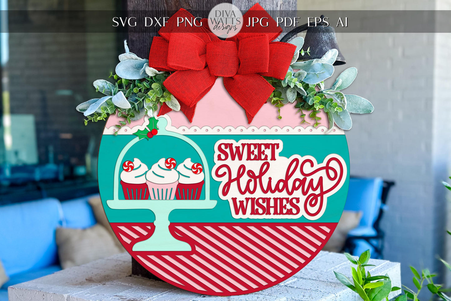Sweet Holiday Wishes Round Door Hanger SVG | Christmas Cupcake Sign Laser Cut File | Peppermint Candy Holiday Porch Decor SVG
