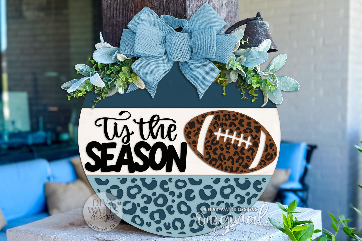 Tis the Season Football Round Door Hanger SVG, Leopard Print Sports Sign Digital Laser Cut File for Glowforge xTool OMTech
