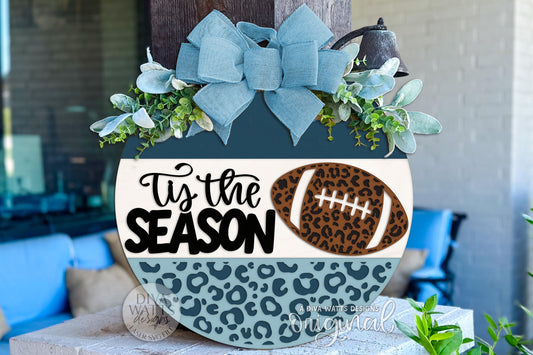 Tis the Season Football Round Door Hanger SVG, Leopard Print Sports Sign Digital Laser Cut File for Glowforge xTool OMTech