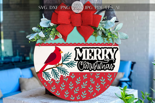 Merry Christmas Cardinal Round Door Hanger SVG, Laser Cut Christmas Sign File, Holiday Porch Decor SVG for Glowforge xTool