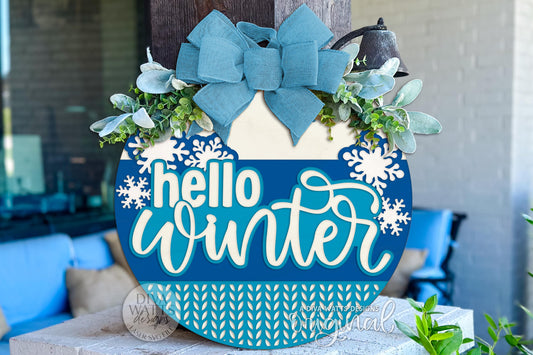 Hello Winter Round Door Hanger SVG Laser Cut File with Snowflakes, Layered Winter Sign Design for Glowforge, xTool, Cricut, DIY Porch Décor