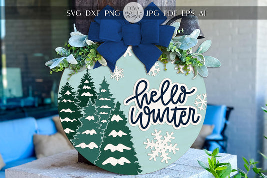 Hello Winter Round Door Hanger SVG | Snowflake Pine Tree Laser Cut Sign File | Glowforge xTool Winter Porch Decor Digital Download