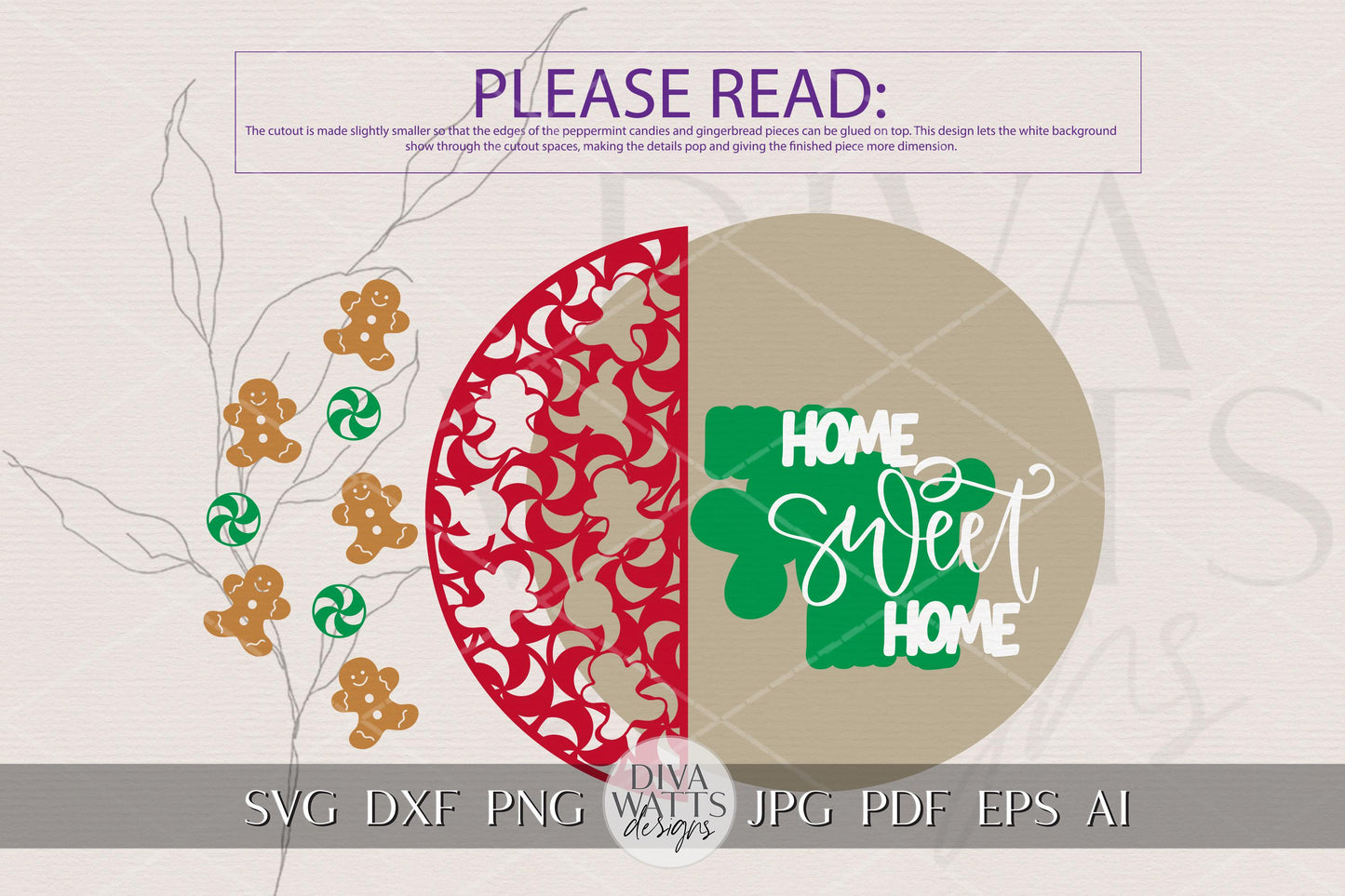 Christmas Home Sweet Home Round Door Hanger SVG, Gingerbread Peppermint Laser Cut File, Holiday Porch Sign Digital Download