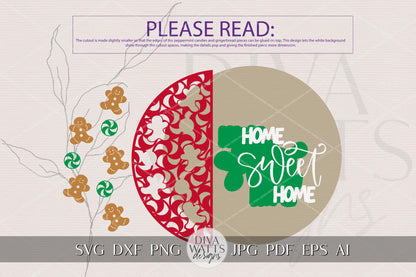 Christmas Home Sweet Home Round Door Hanger SVG, Gingerbread Peppermint Laser Cut File, Holiday Porch Sign Digital Download