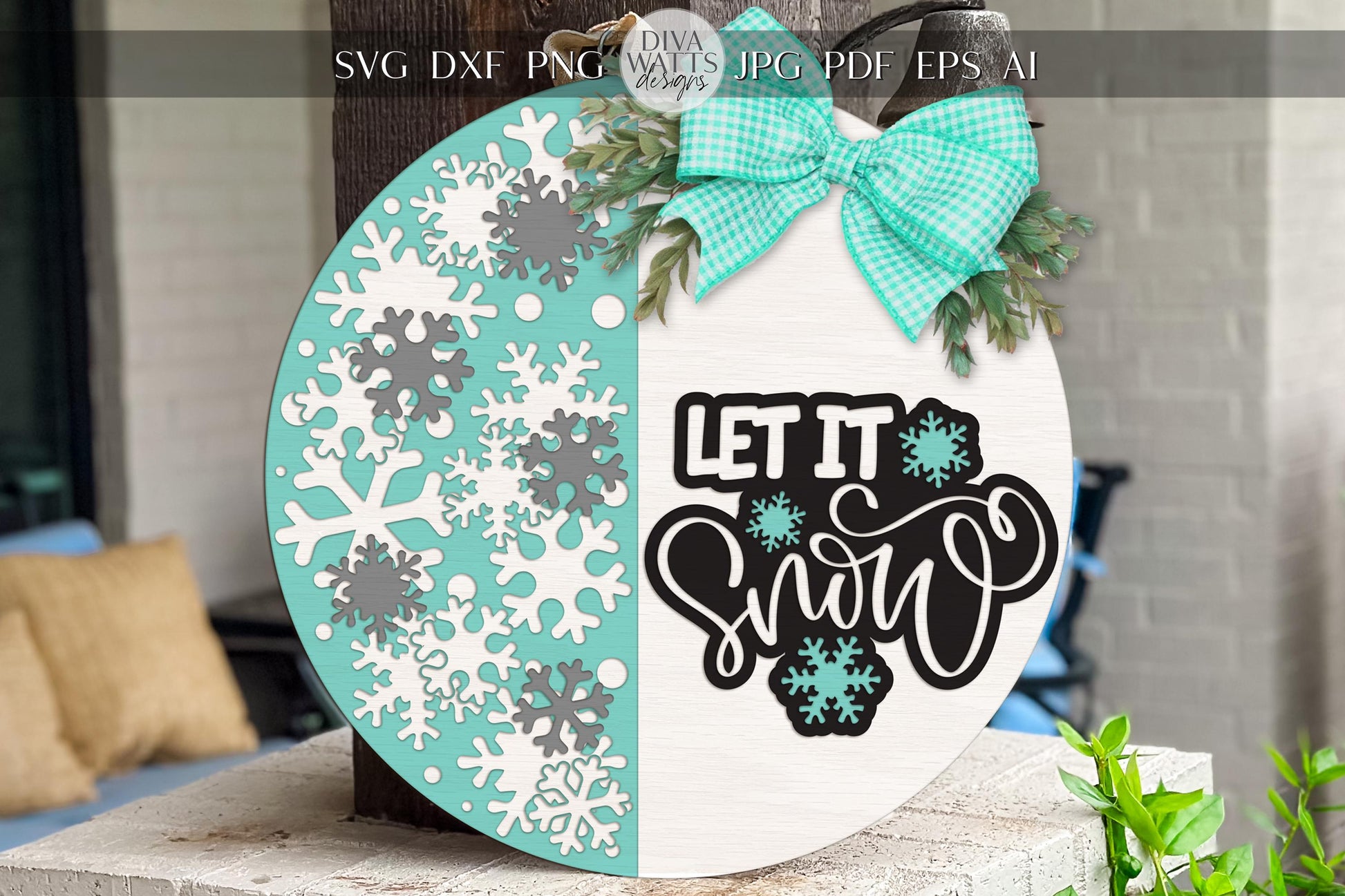 Let It Snow Round Door Hanger SVG | Winter Snowflake Sign | Layered Laser Cut File for Glowforge xTool Cricut Silhouette