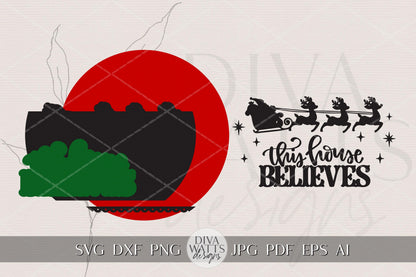 Santa Believe Round Door Hanger SVG | This House Believes Sign | Santa’s Sleigh Reindeer Christmas Laser Cut Glowforge xTool File