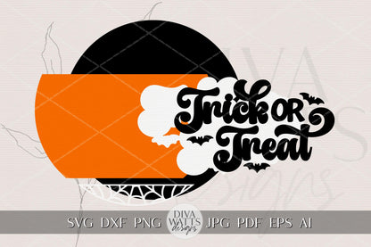 Trick or Treat Round Door Hanger SVG, Halloween Porch Sign Laser Cut File, Glowforge xTool Pumpkin Bat Web Cuttable Digital Design