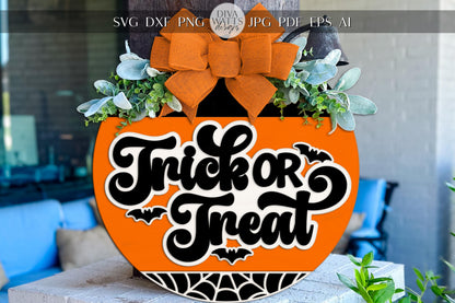Trick or Treat Round Door Hanger SVG, Halloween Porch Sign Laser Cut File, Glowforge xTool Pumpkin Bat Web Cuttable Digital Design