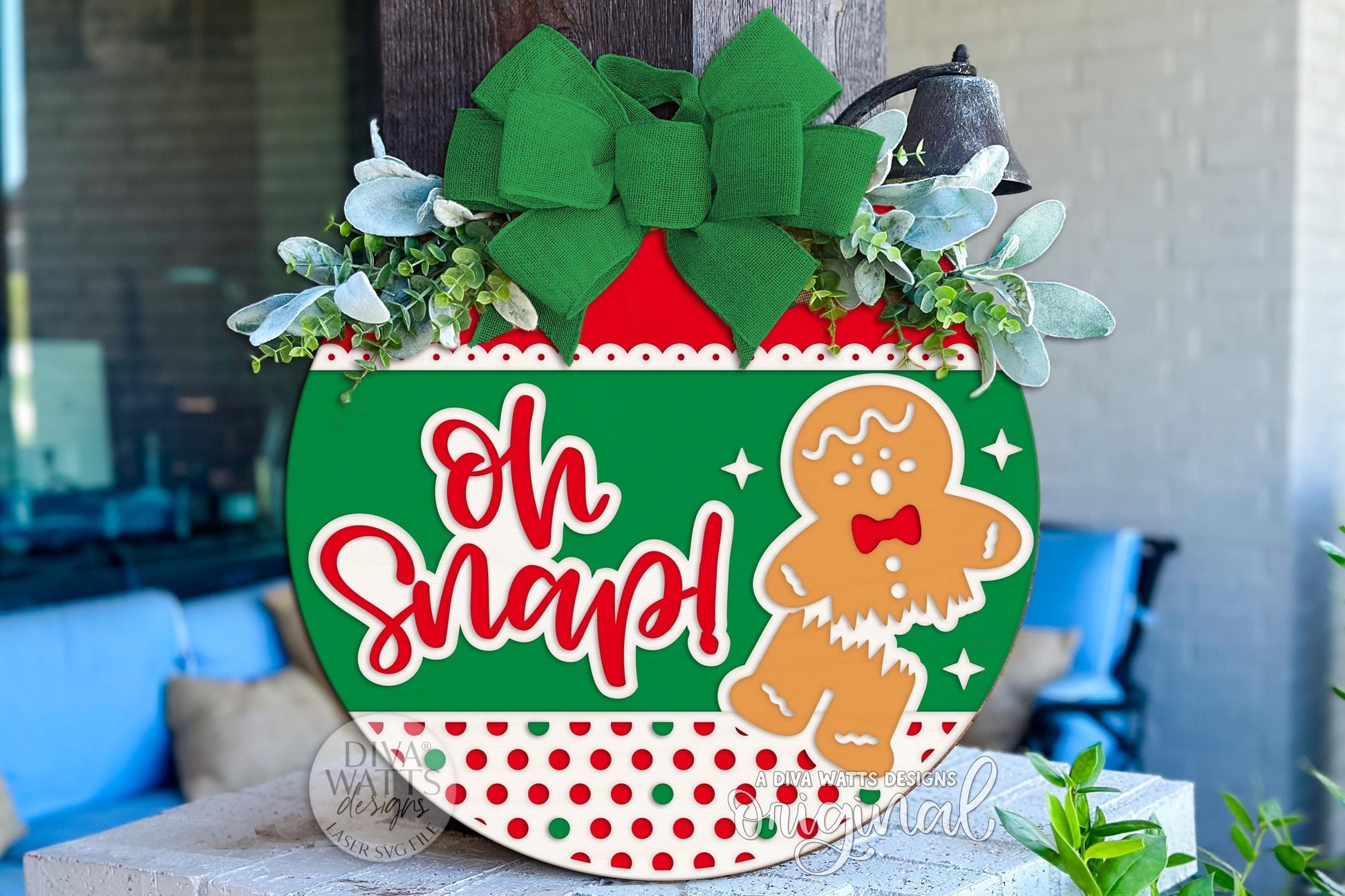Oh Snap Gingerbread Man Christmas Round Door Hanger SVG Laser Cut File for Glowforge xTool Holiday Porch Sign Digital Download