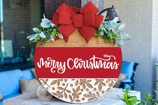 Merry Christmas Round Door Hanger SVG, Layered Holiday Laser Cut File, Festive Porch Sign Digital Design for Glowforge & xTool