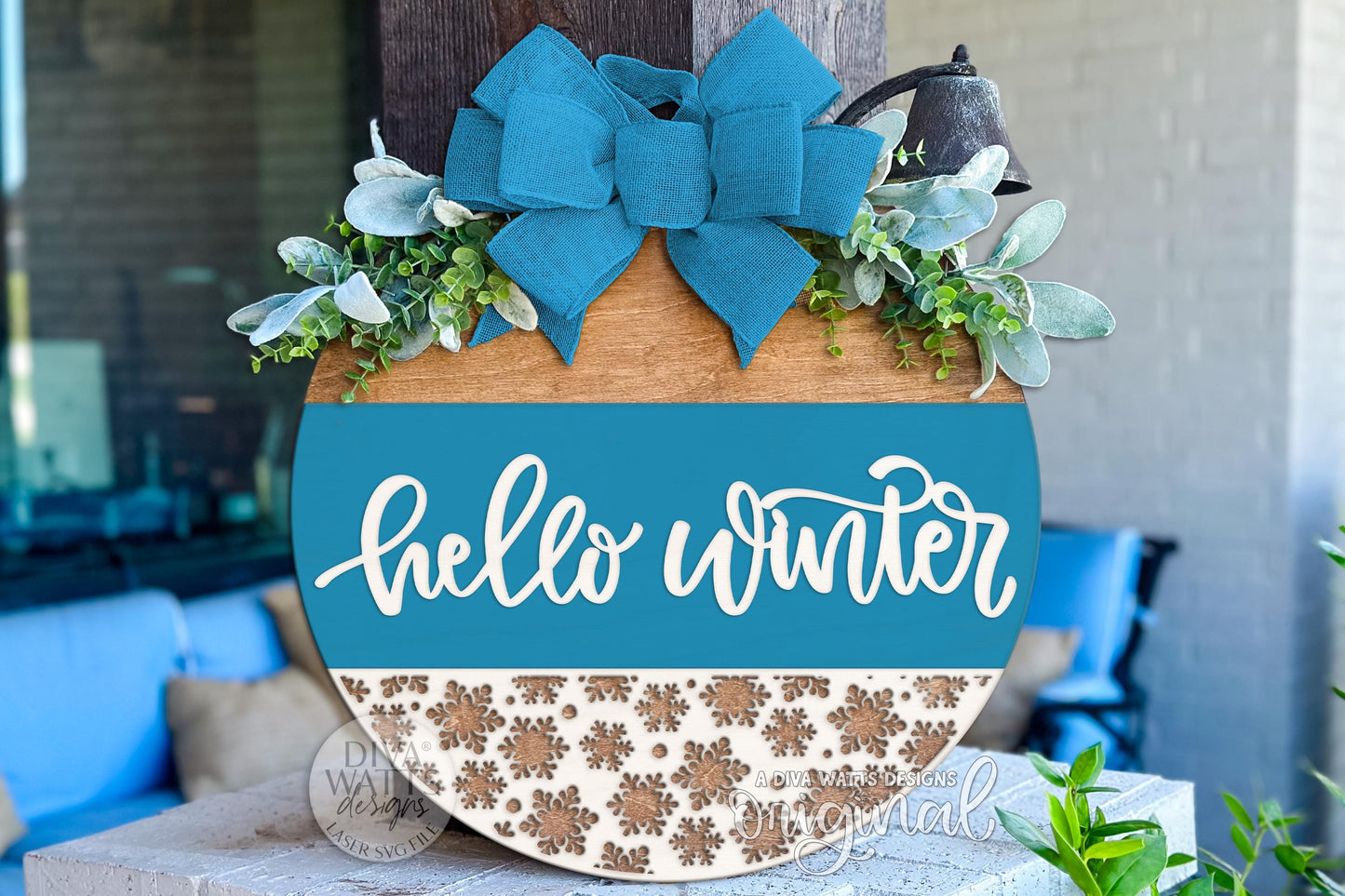 Hello Winter Round Door Hanger SVG, Layered Snowflake Laser Cut File, Seasonal Porch Sign Digital Design for Glowforge & xTool