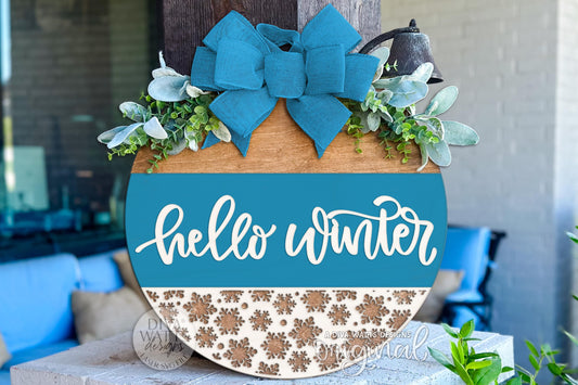 Hello Winter Round Door Hanger SVG, Layered Snowflake Laser Cut File, Seasonal Porch Sign Digital Design for Glowforge & xTool