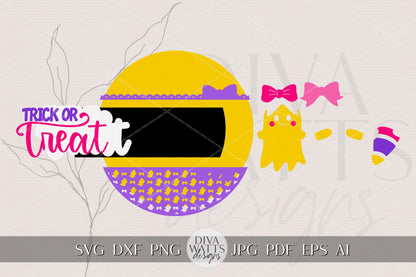 Trick or Treat Round Door Hanger SVG | Cute Coquette Ghost Sign with Bow | Halloween Laser Cut File for Glowforge & xTool