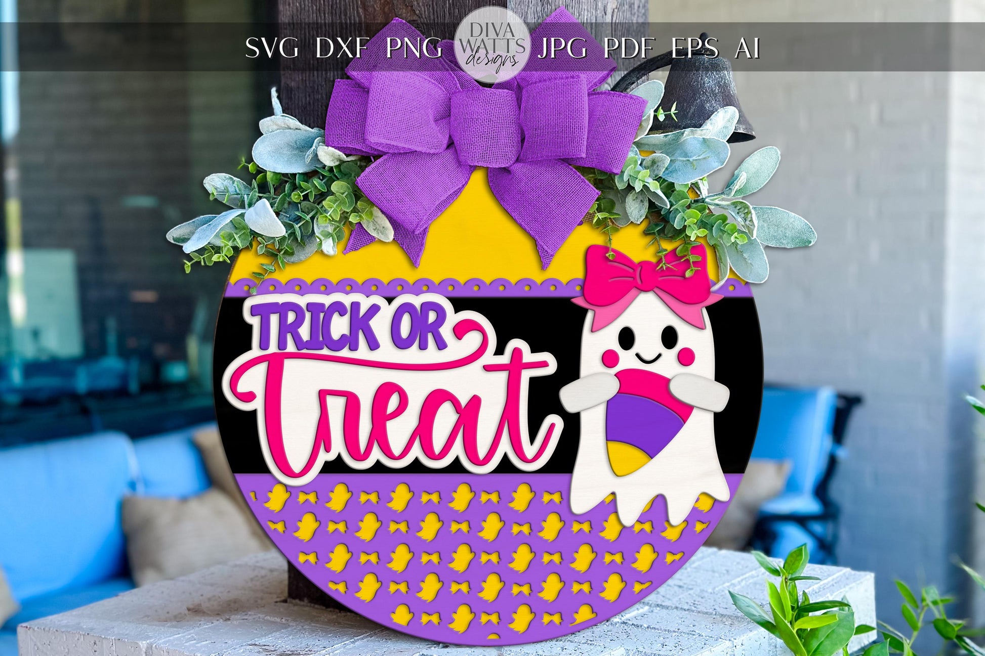 Trick or Treat Round Door Hanger SVG | Cute Coquette Ghost Sign with Bow | Halloween Laser Cut File for Glowforge & xTool