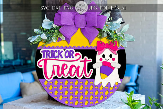 Trick or Treat Round Door Hanger SVG | Cute Coquette Ghost Sign with Bow | Halloween Laser Cut File for Glowforge & xTool