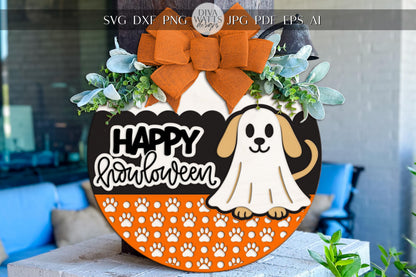 Happy Howloween Dog Halloween Round Door Hanger SVG, Ghost Dog Paw Print Sign, Laser Cut Files for Glowforge xTool Cricut Silhouette