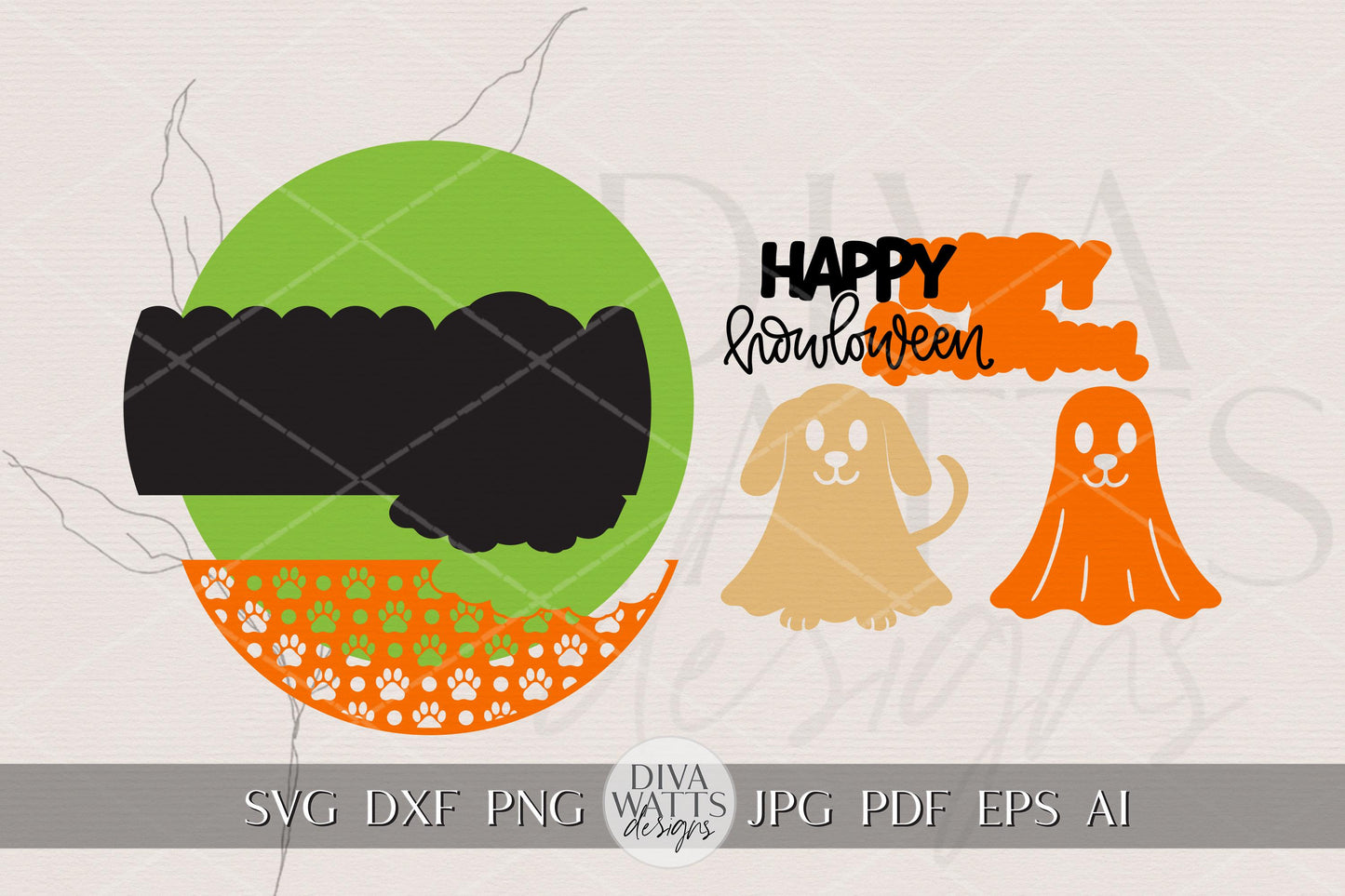 Happy Howloween Dog Halloween Round Door Hanger SVG, Ghost Dog Paw Print Sign, Laser Cut Files for Glowforge xTool Cricut Silhouette