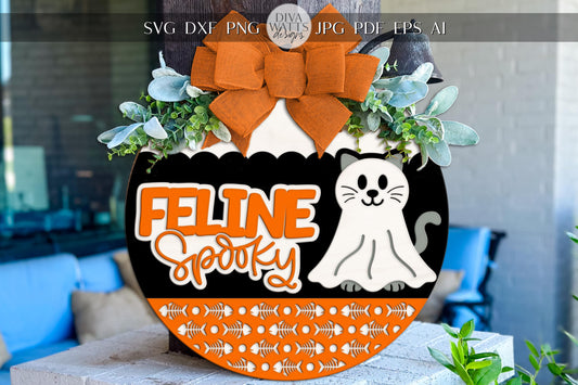 Feline Spooky Halloween Cat Round Door Hanger SVG | Ghost Cat Laser Cut Sign File | Glowforge xTool Halloween Porch Decor SVG Laser Cut File